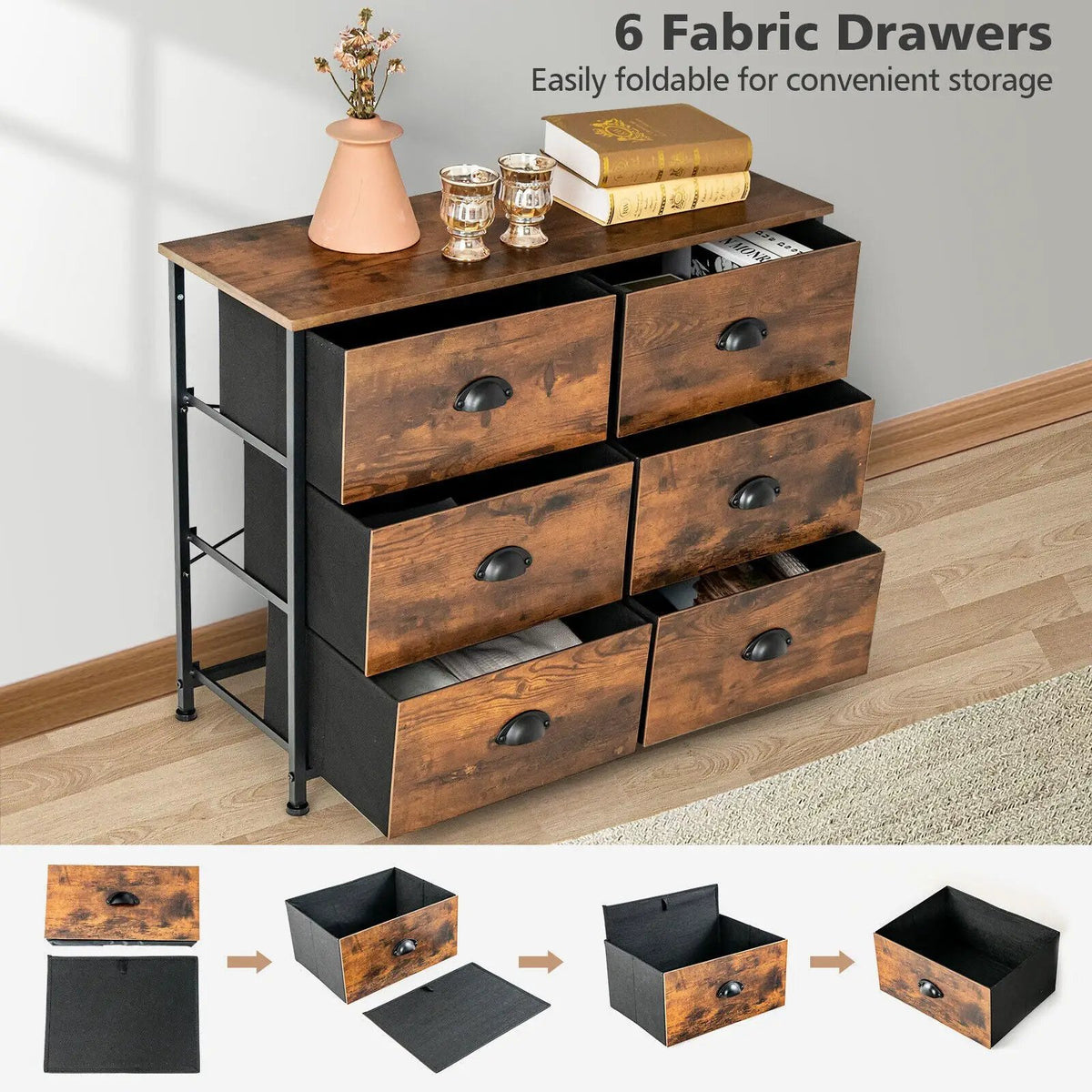 6 Fabric Drawers Storage Chest with Wooden Top by DirectDeals