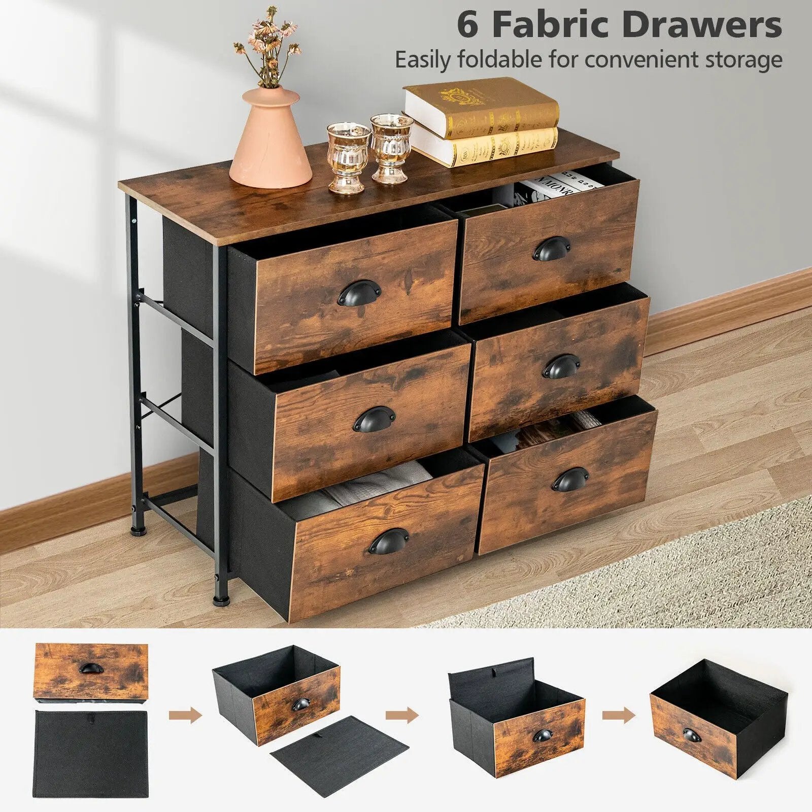 6 Fabric Drawers Storage Chest with Wooden Top by DirectDeals