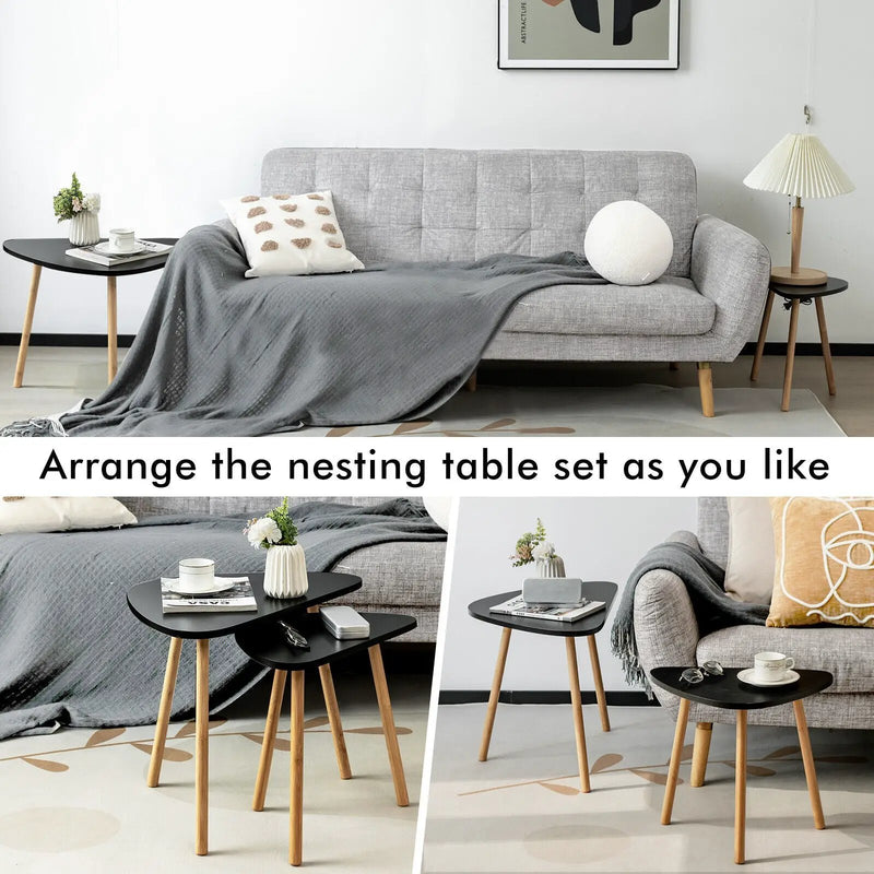 Set of 2 Modern Nesting Coffee Tables Triangular Tabletop Bamboo Legs by DirectDeals