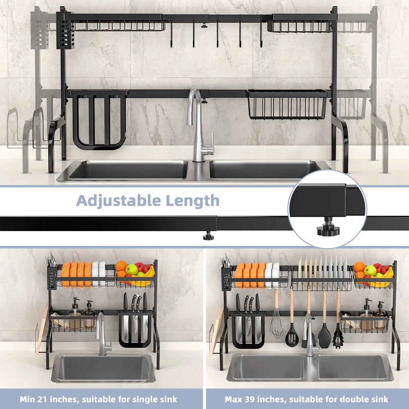 2 Tier Adjustable Over Sink Dish Drying Rack with 8 Hooks by DirectDeals