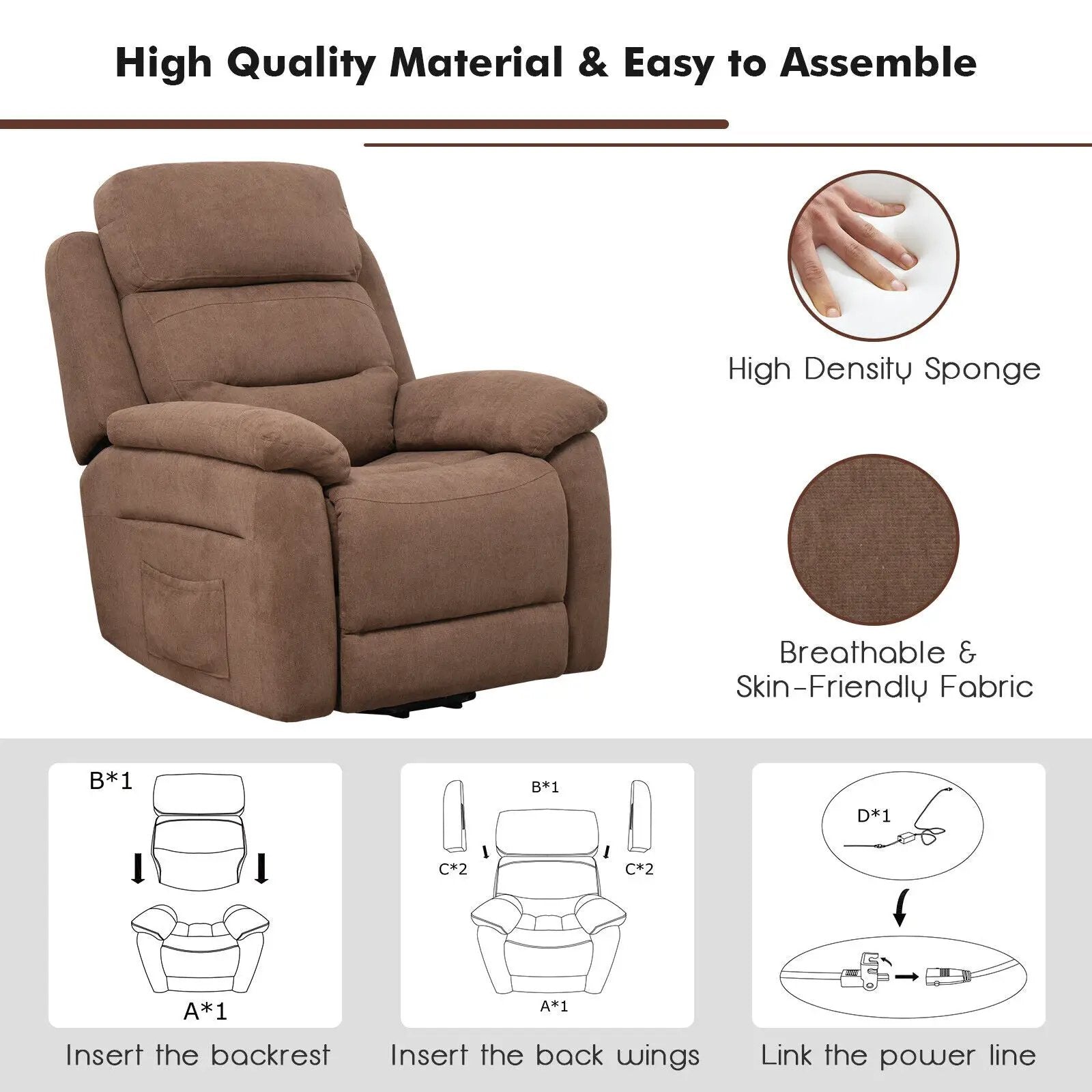 Power Lift Recliner Sofa with Side Pocket and Remote Control by DirectDeals
