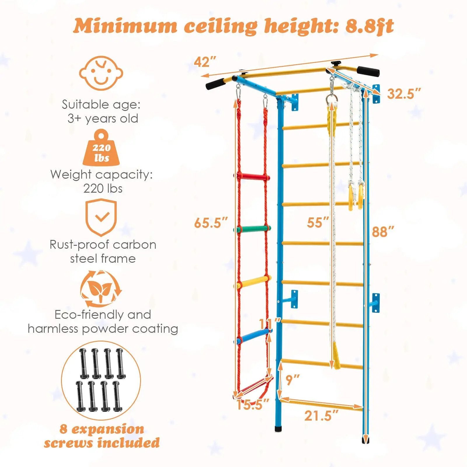 7 In 1 Kids Indoor Gym Playground Swedish Wall Ladder for Solid Wall-Yellow by DirectDeals