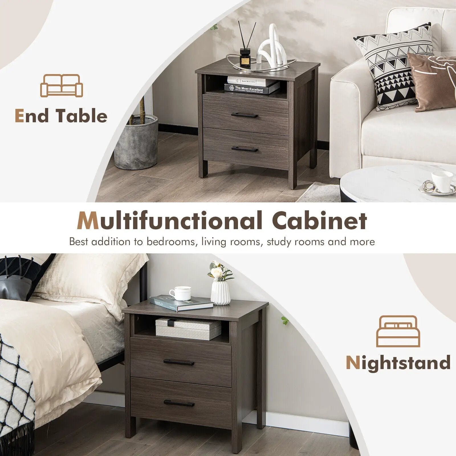 Modern Wood Grain Nightstand with Cable Hole and Open Compartment by DirectDeals