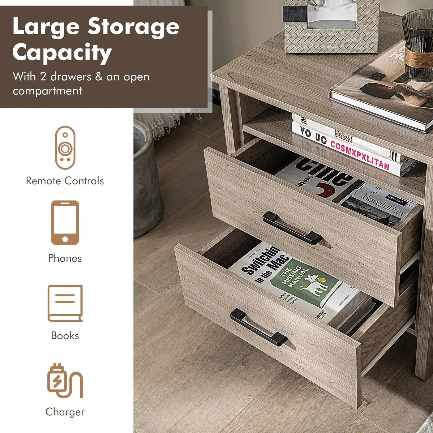 Modern Wood Grain Nightstand with Cable Hole and Open Compartment by DirectDeals