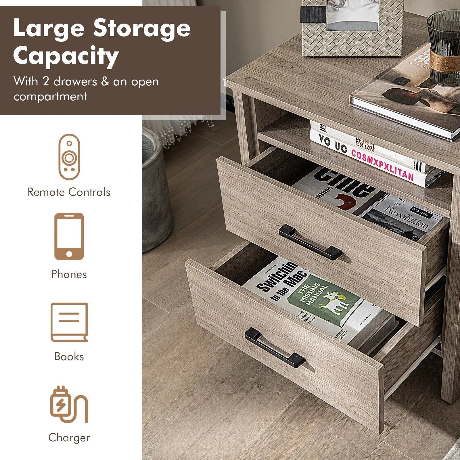 Modern Wood Grain Nightstand with Cable Hole and Open Compartment by DirectDeals