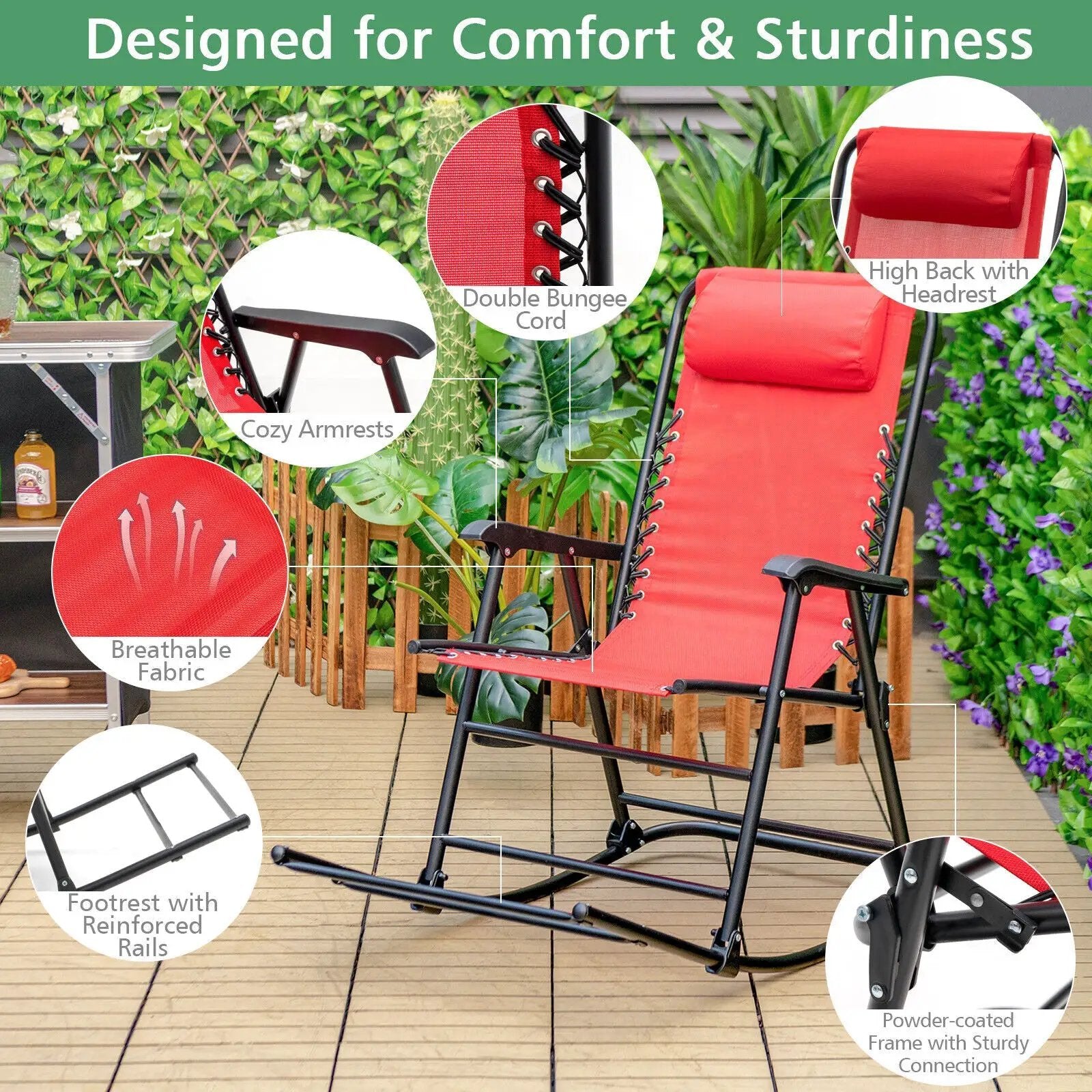 Outdoor Patio Camping Lightweight Folding Rocking Chair with Footrest by DirectDeals