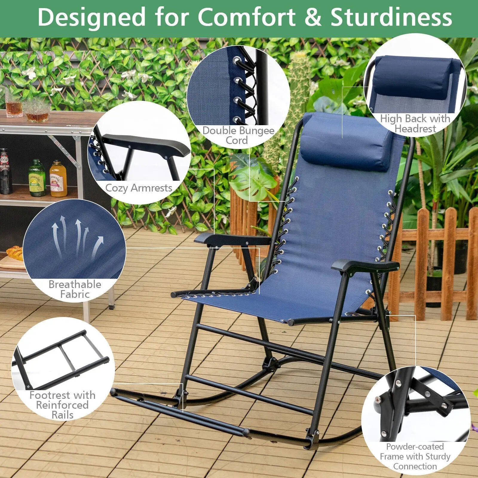 Outdoor Patio Camping Lightweight Folding Rocking Chair with Footrest by DirectDeals