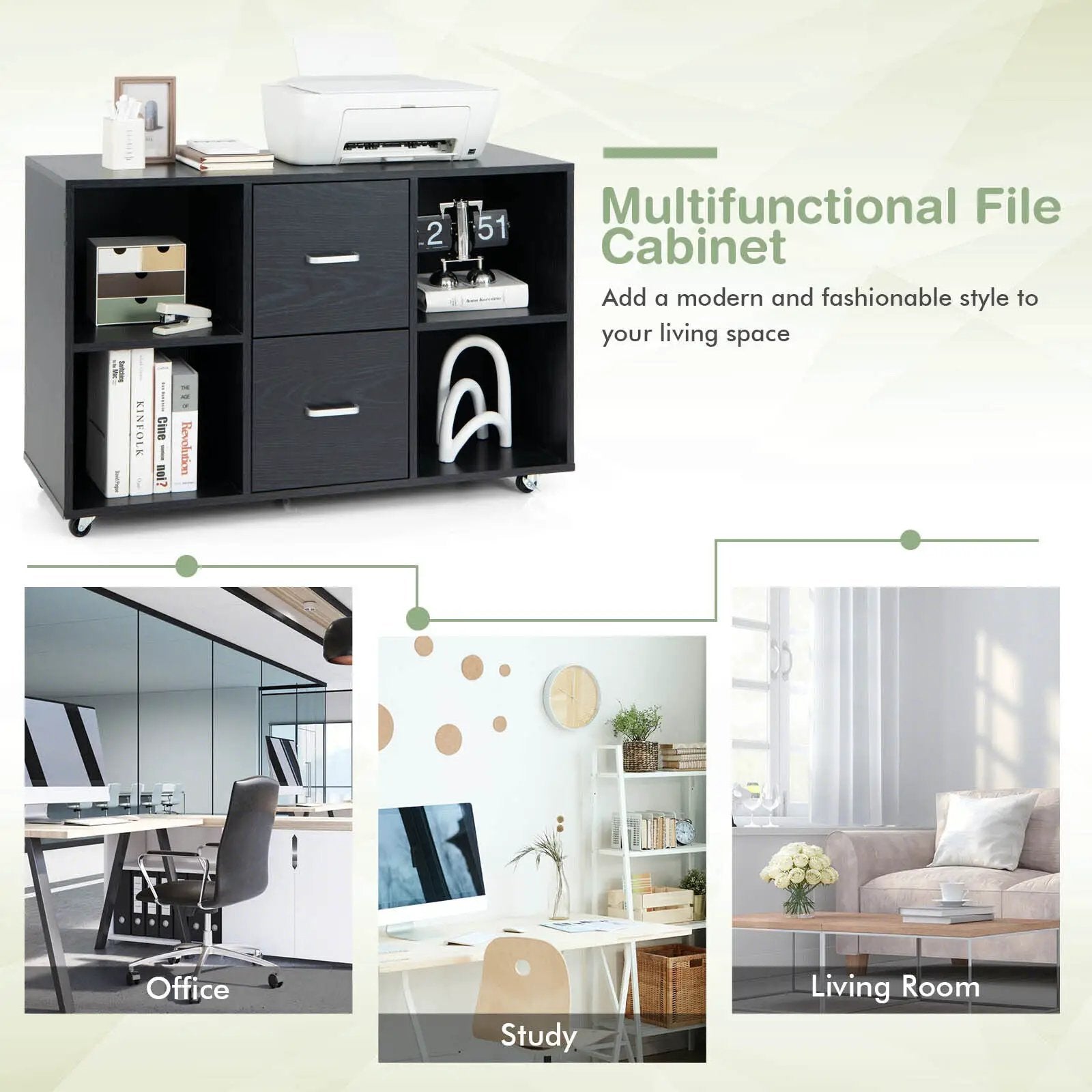 2 Drawer Wood Mobile File Cabinet with 4 Open Compartments-Black by DirectDeals