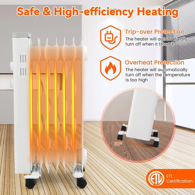 1500W Oil Filled Space Heater with Universal Wheels and 3-Level Heat-White by DirectDeals
