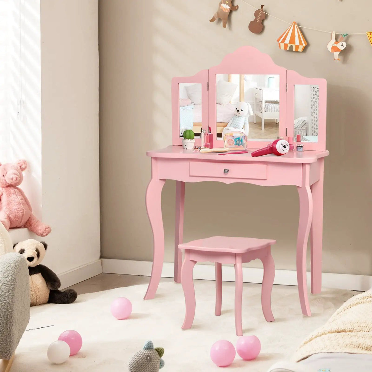 Kids Makeup Dressing Mirror Vanity Table Stool Set by DirectDeals