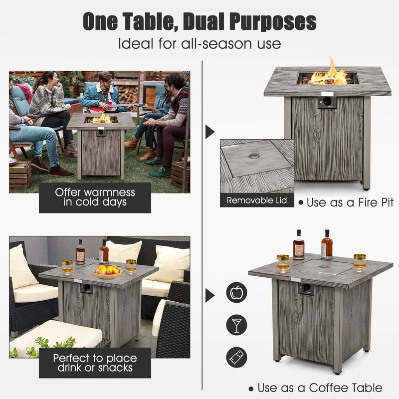 28 Inch 40 000 BTU Square Fire Pit Table with Lid and Lava Rocks-Gray by DirectDeals