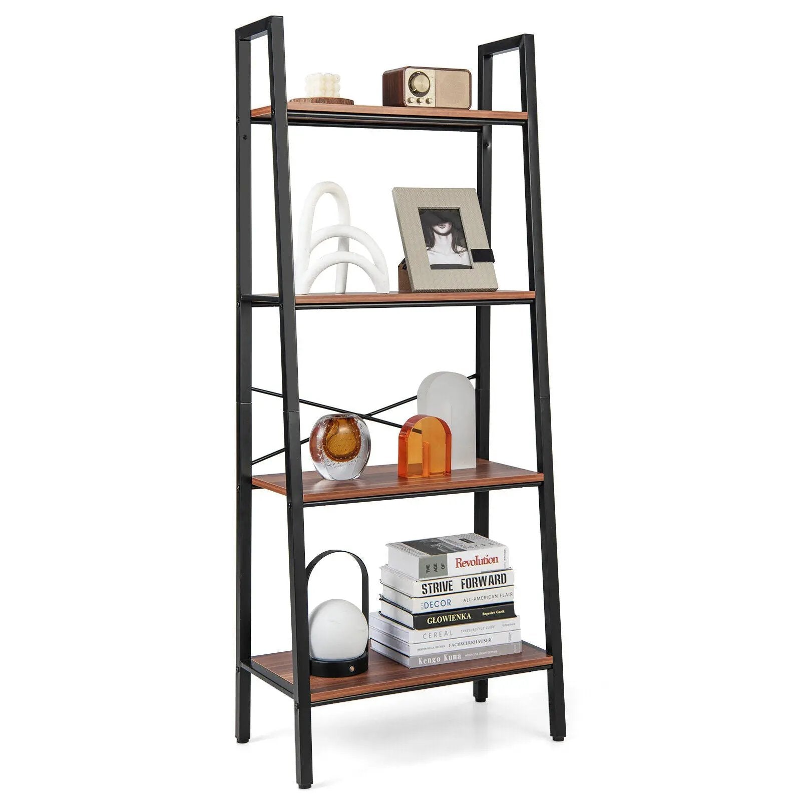 4-Tier Freestanding Open Bookshelf with Metal Frame and Anti-toppling Device-Rustic Brown by DirectDeals