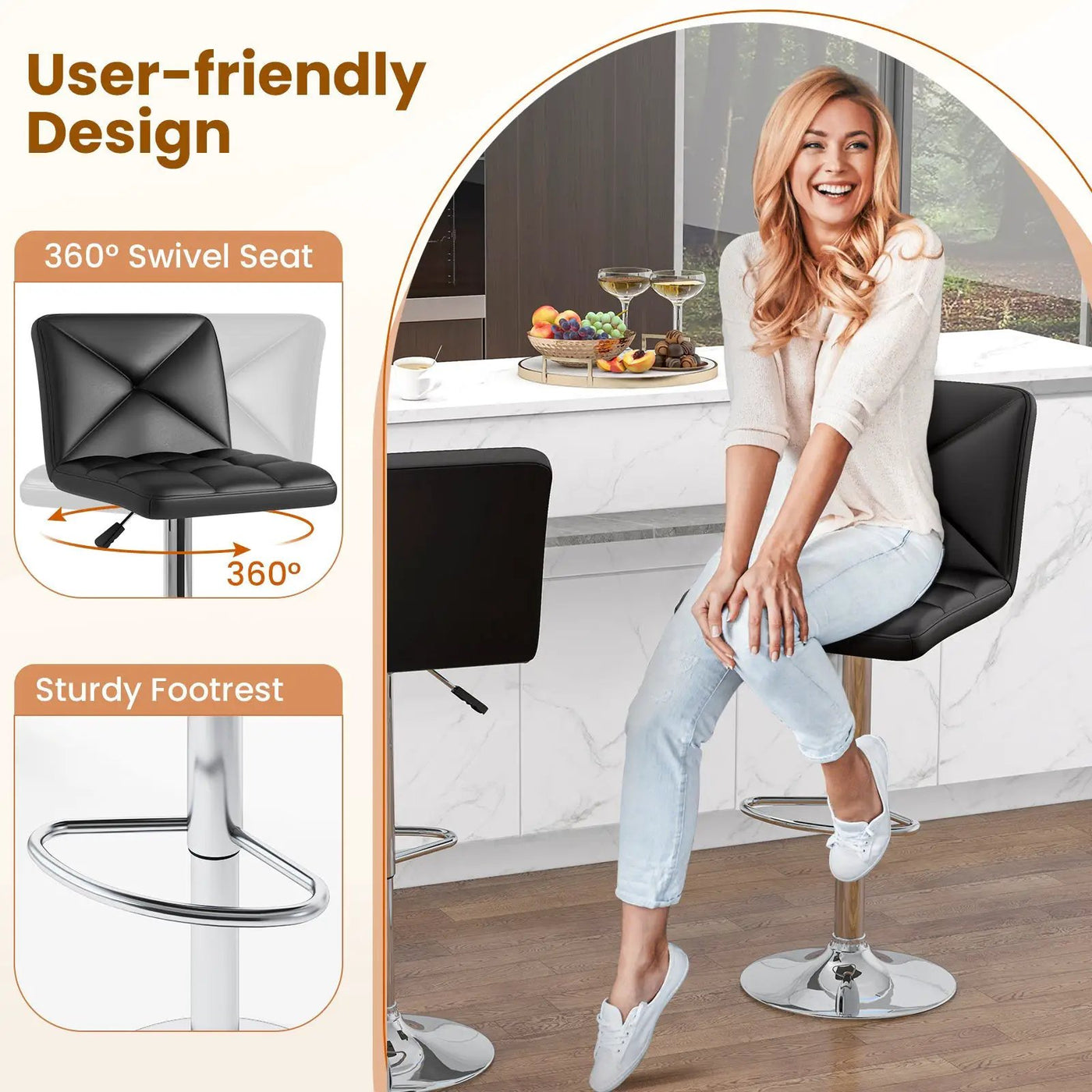 PU Leather Upholstered Bar Stools Set of 2 with Back and Adjustable Height by DirectDeals