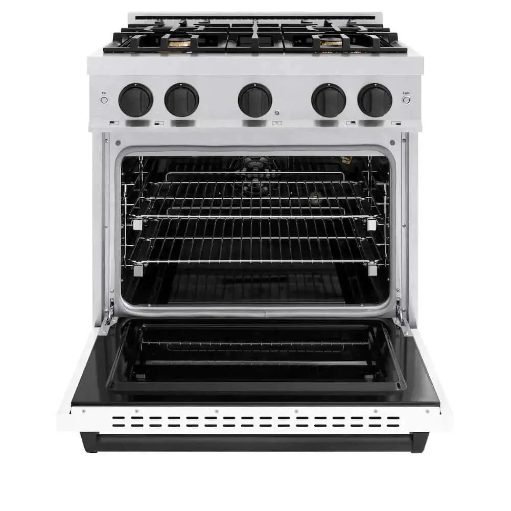 ZLINE 30"Classic Gas Range, Convection Gas Oven, DuraSnow® Stainless Steel, White Matte Door Matte Black CGRSZ-WM-30-MB by Farmhouse Kitchen and Bath