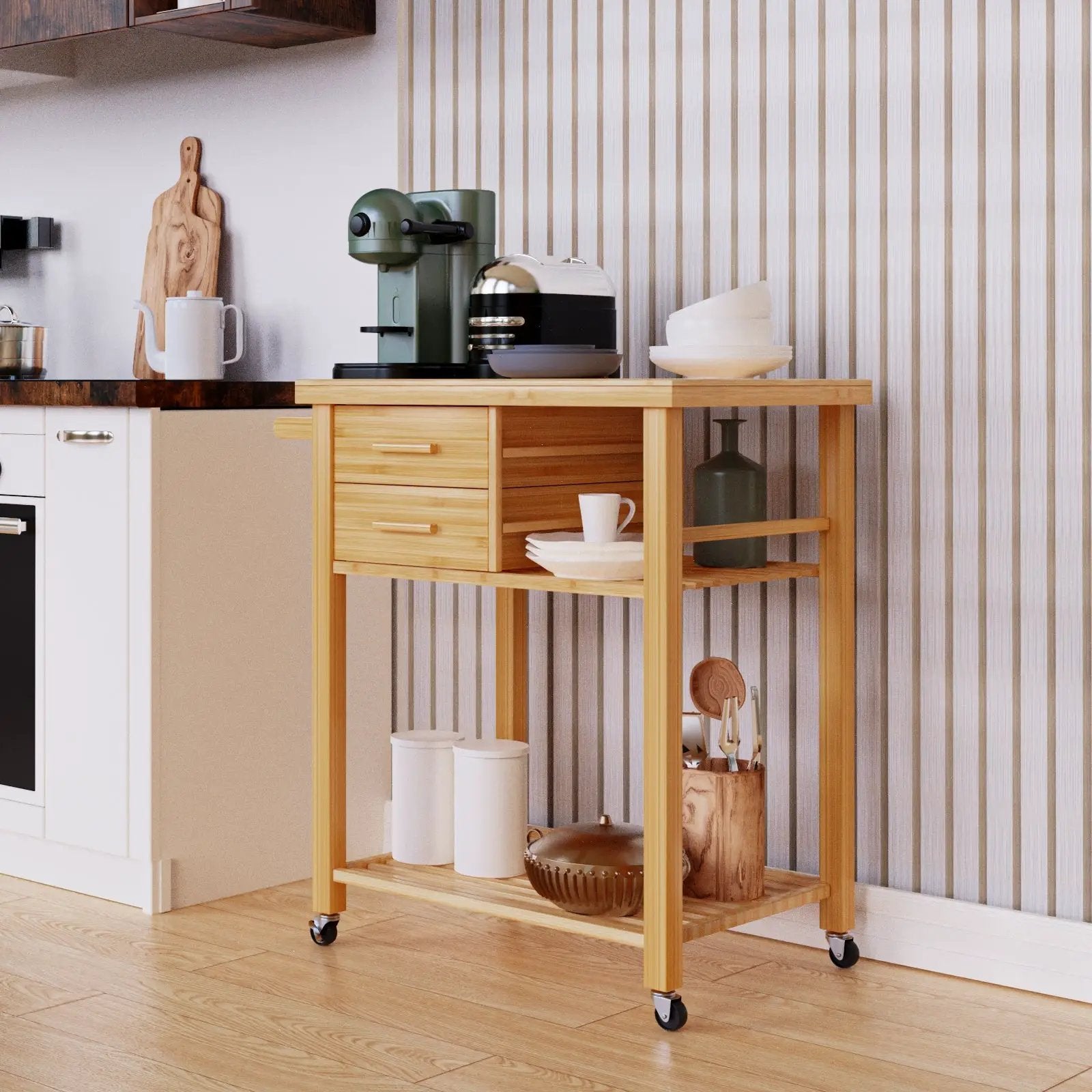 Bamboo Kitchen Trolley Cart with Tower Rack and Drawers by DirectDeals