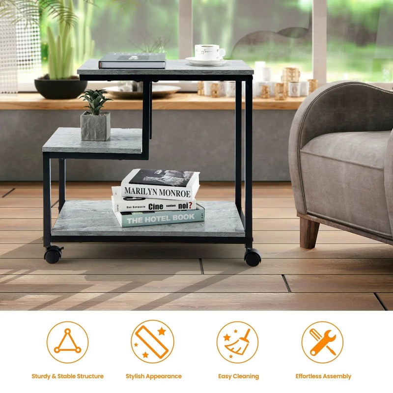 3-Tier Side Table with Storage and Universal Casters for Living Room and Bedroom-Black by DirectDeals