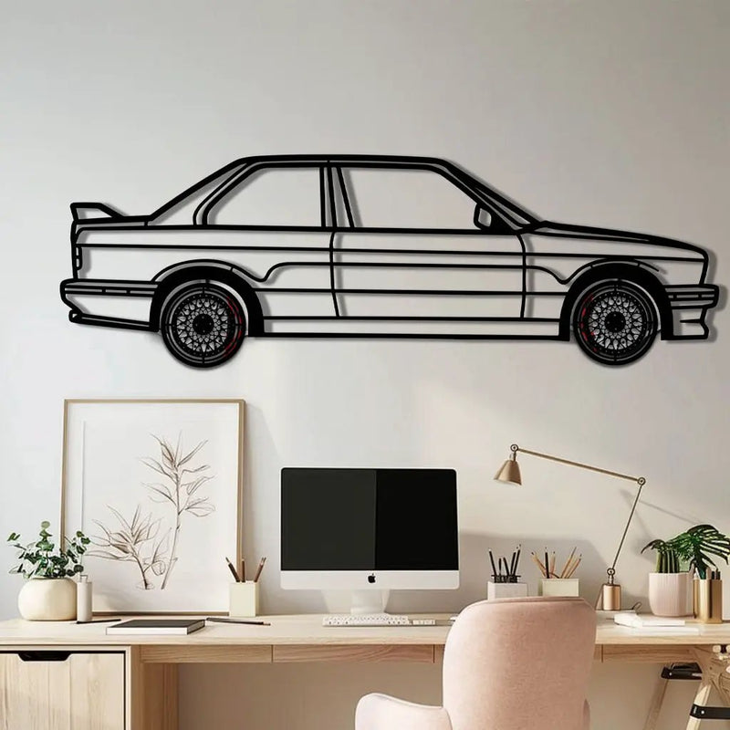 BMW E30 M3 Metal Car Wall Art with Rotating Wheels - Classic M Power Silhouette Decor - Interactive Automotive Wall Art - KAFMEKA100 by Enova Art