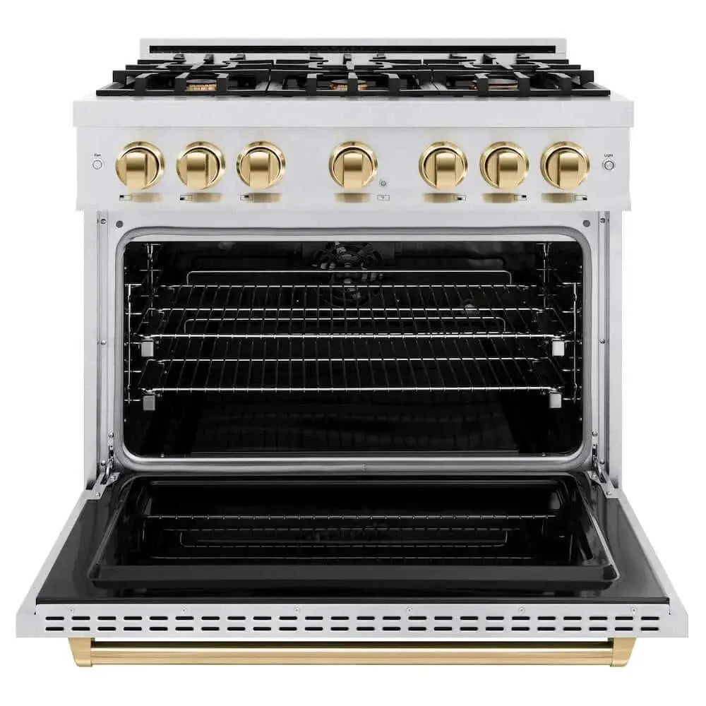 ZLINE 36" Classic Gas Range, Convection Gas Oven DuraSnow® Stainless Steel, Gold CGRSZ-36-G by Farmhouse Kitchen and Bath