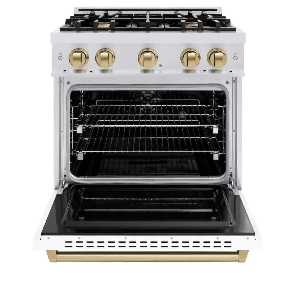 ZLINE 30" Dual Fuel Range, Gas Cooktop, Electric Convection Oven DuraSnow® Stainless Steel, White Matte Door, Matte Black CDRSZ-WM-30-MB by Farmhouse Kitchen and Bath