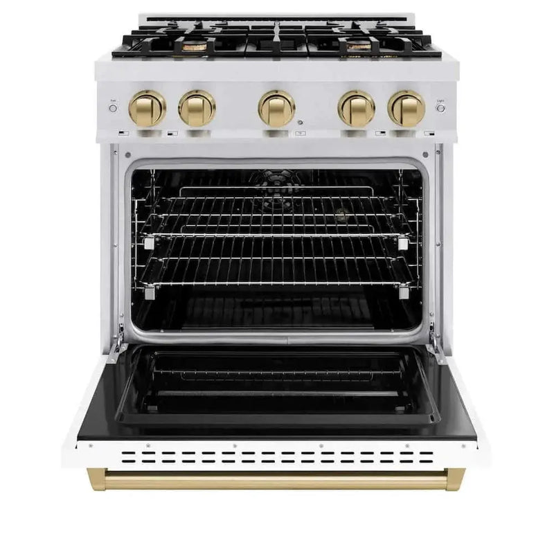 ZLINE 30" Dual Fuel Range, Gas Cooktop, Electric Convection Oven DuraSnow® Stainless Steel, White Matte Door, Matte Black CDRSZ-WM-30-MB by Farmhouse Kitchen and Bath