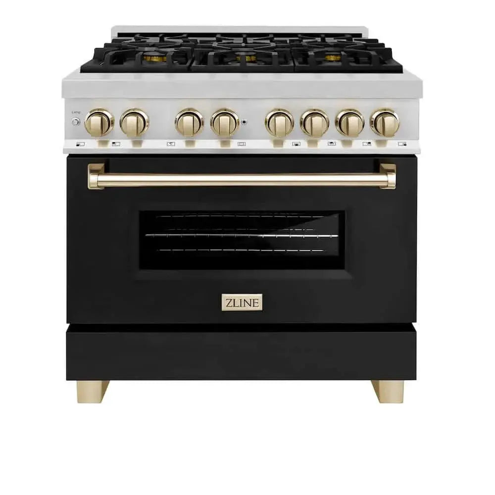 ZLINE 36" Autograph Dual Fuel Range, Black, Gold, RAZ-BLM-36-G by Farmhouse Kitchen and Bath