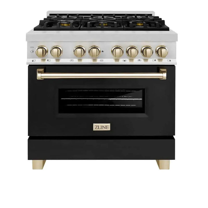 ZLINE 36" Autograph Dual Fuel Range, Black, Gold, RAZ-BLM-36-G by Farmhouse Kitchen and Bath