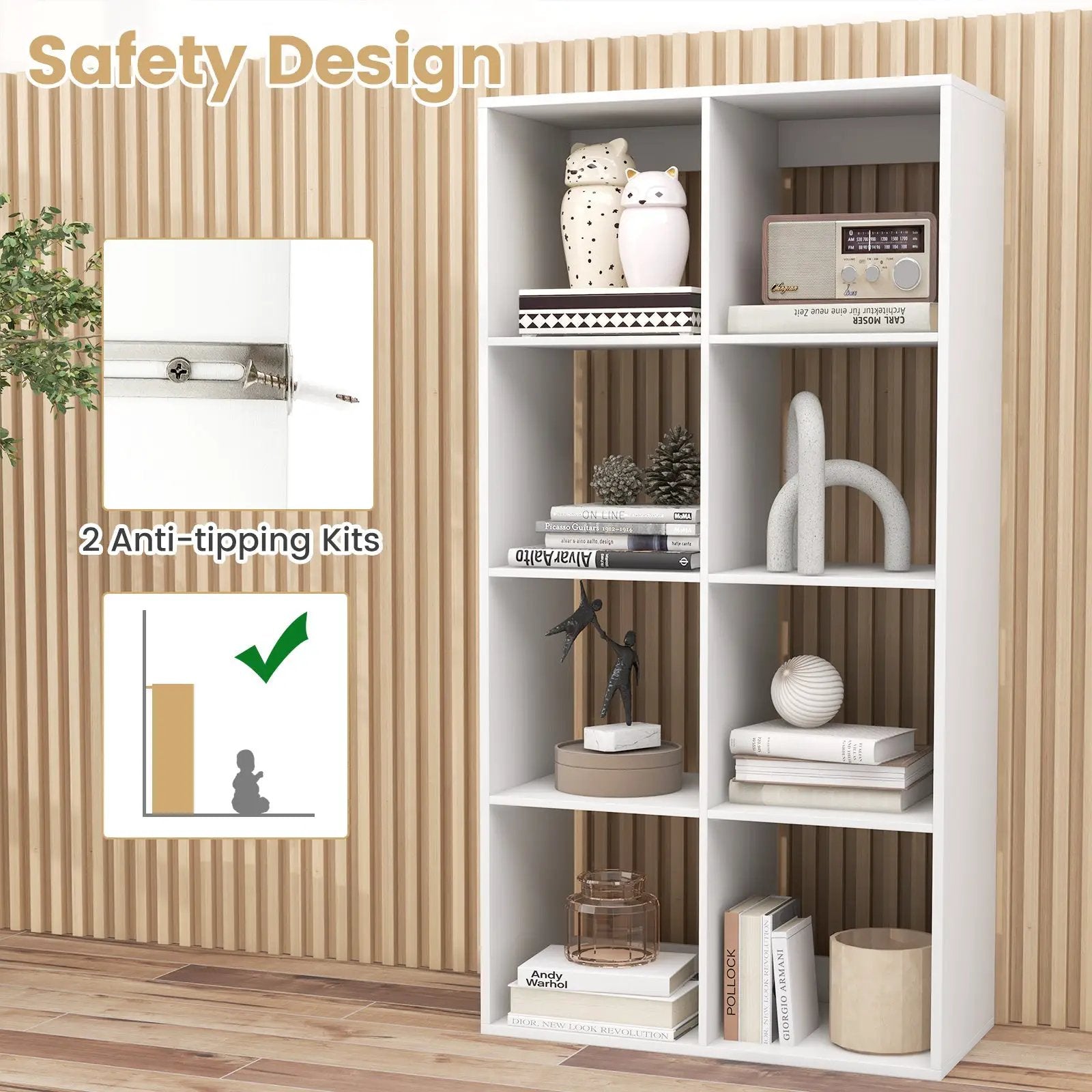 8 Cube Bookshelf with Back Guardrail for Living Room Bedroom-White by DirectDeals