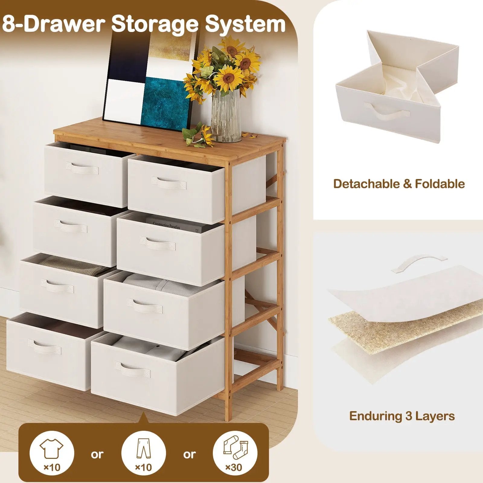8 Drawers Dresser with Removable Fabric Bins for Bedroom-Beige by DirectDeals
