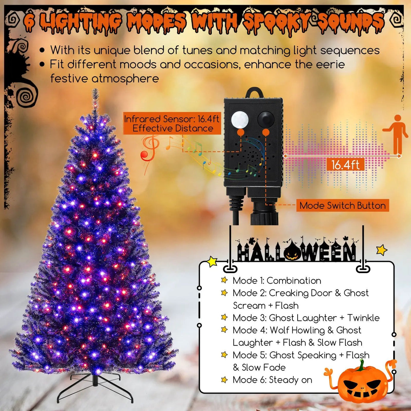 6/7/8 Feet Artificial Christmas Tree with 6 Lighting Modes and Spooky Sounds by DirectDeals