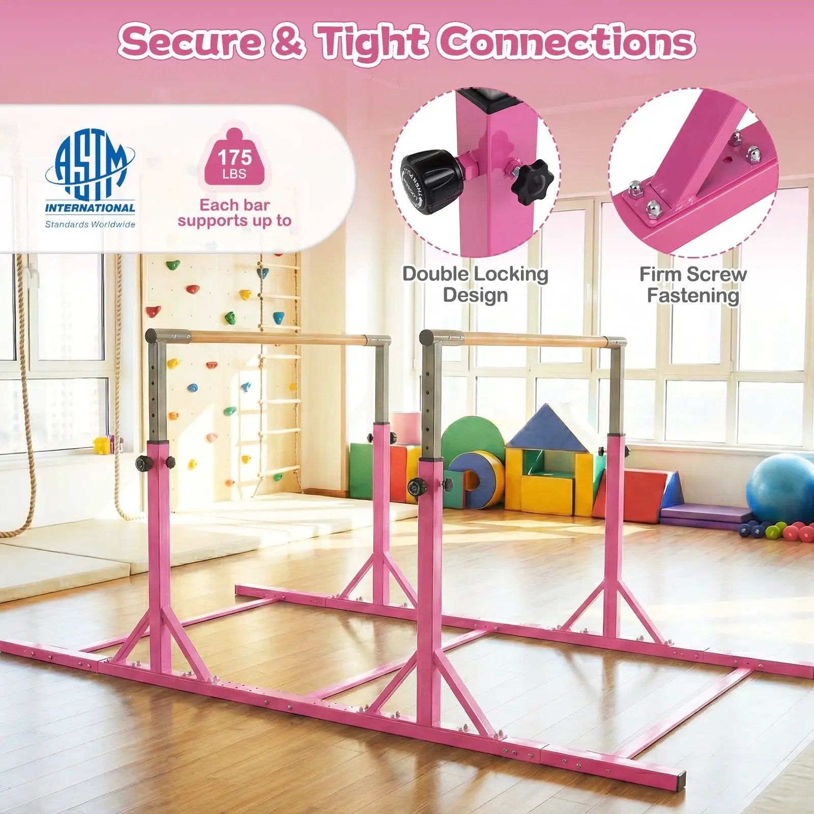 8 FT Double Horizontal Bars with 13-Level Adjustable Heights and 6-Level Adjustable Width-Pink by DirectDeals