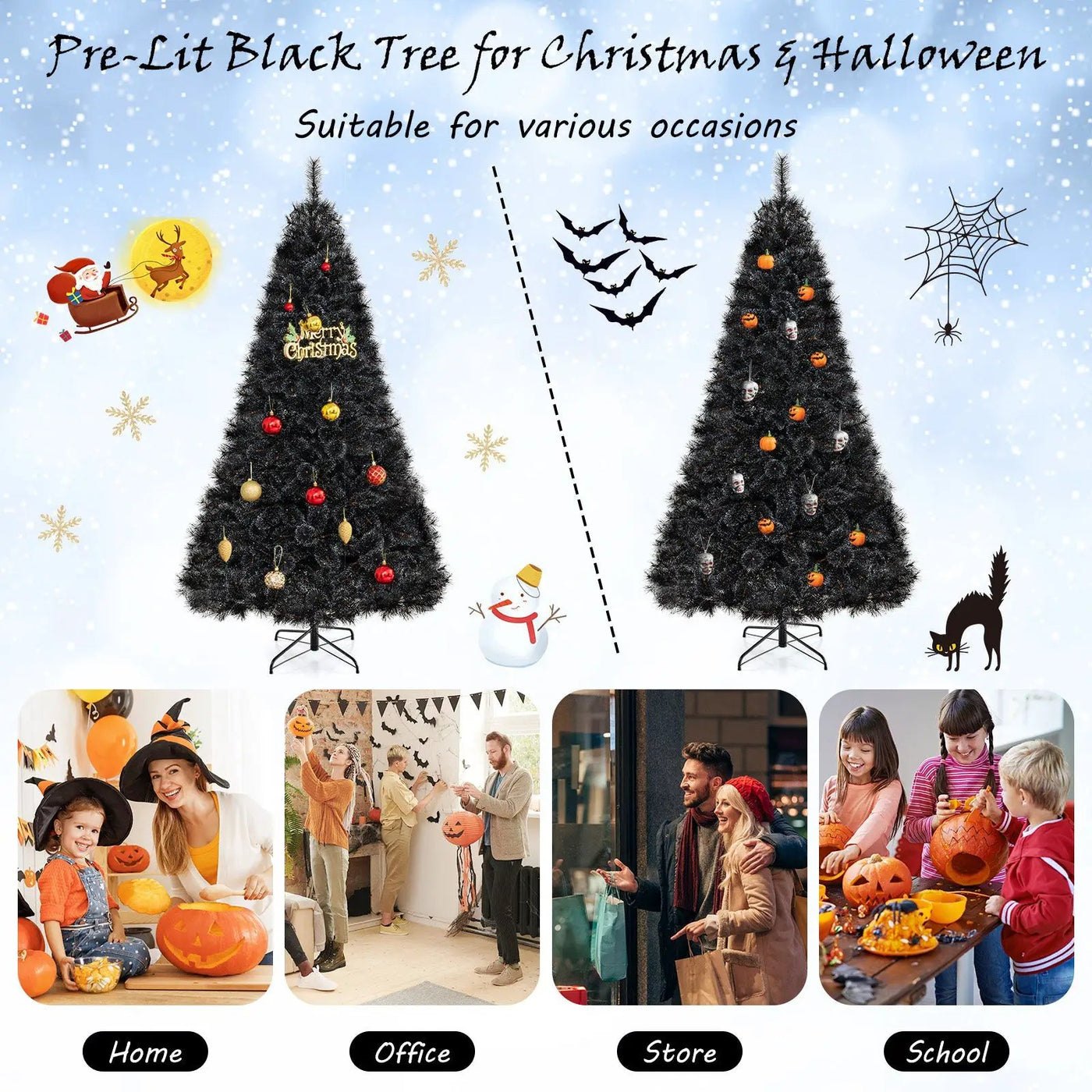 6/7/8 Feet Black Artificial Halloween Christmas Tree with PVC Branch Tips and 210/320/450 Cool White LED Lights by DirectDeals