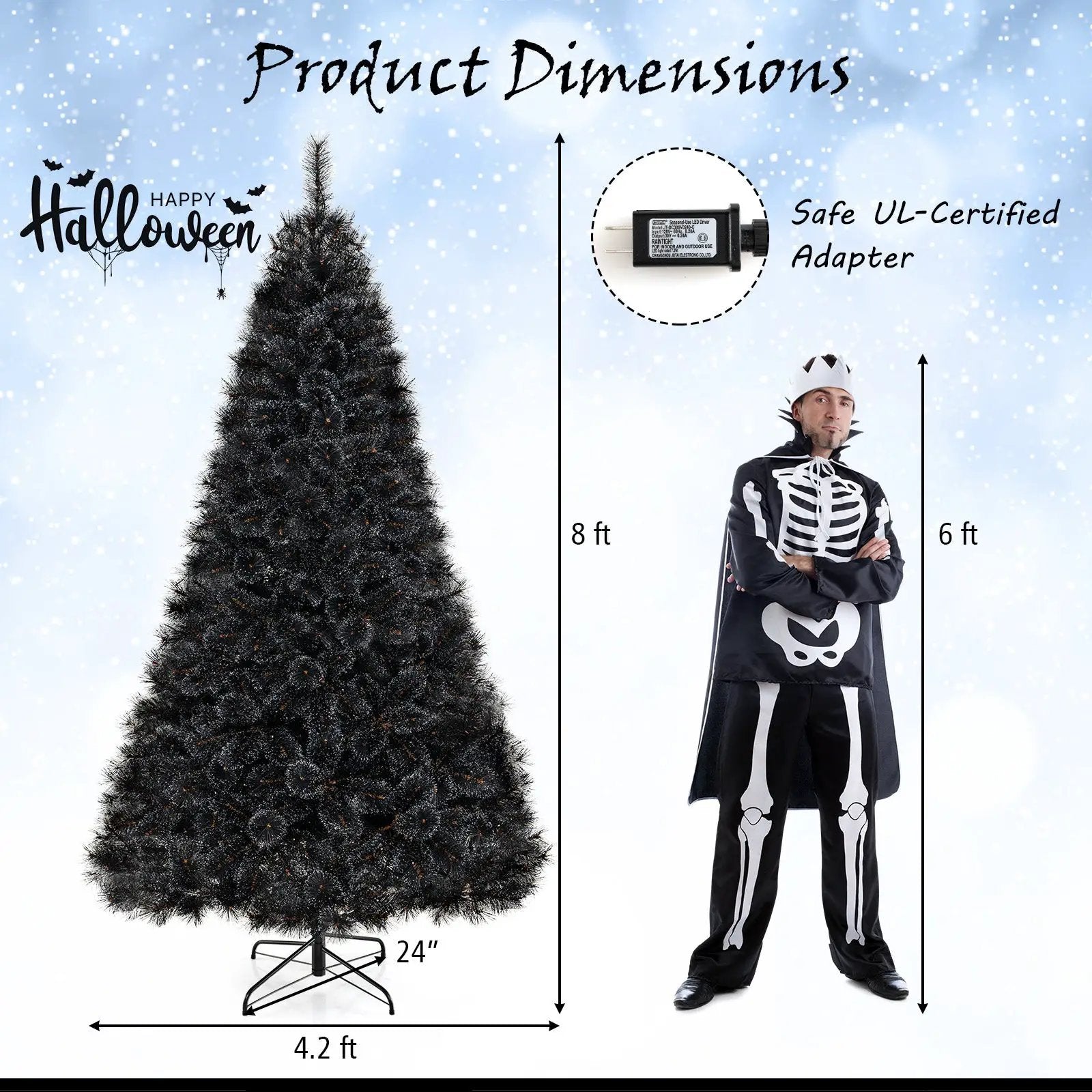 6/7/8 Feet Black Artificial Halloween Christmas Tree with PVC Branch Tips and 210/320/450 Cool White LED Lights by DirectDeals