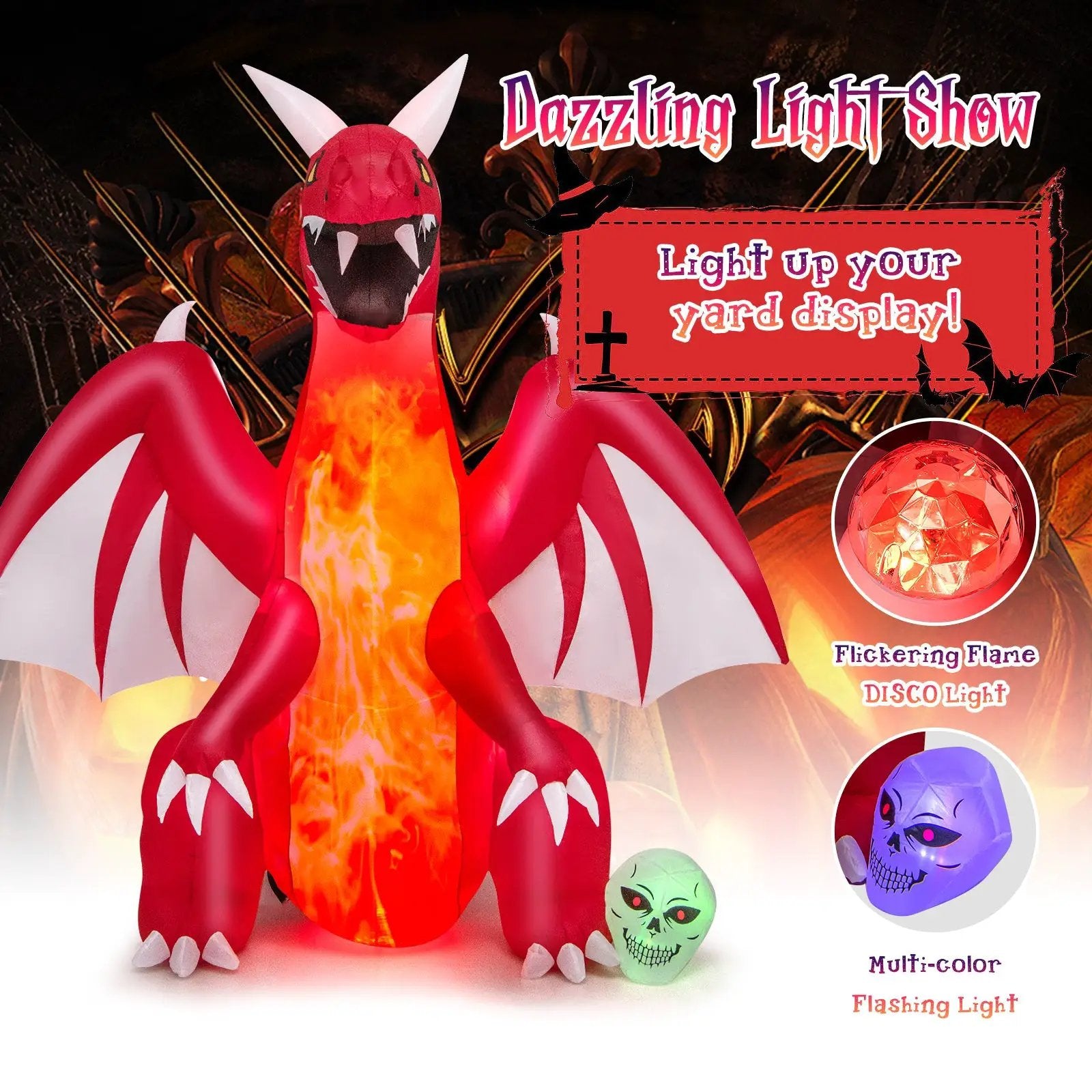 8 Feet Halloween Inflatables Blow-up Red Dragon with Wings Skull by DirectDeals