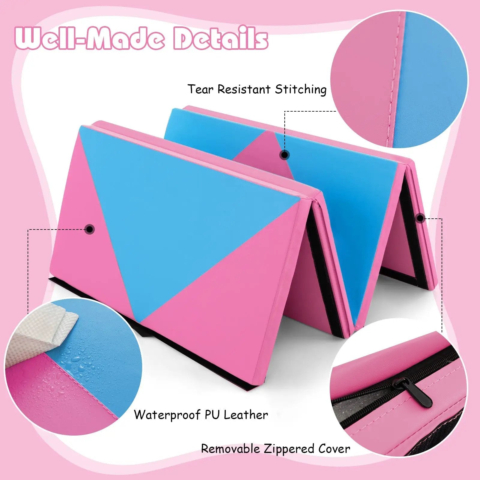 8 Feet PU Leather Folding Gymnastics Mat with Hook and Loop Fasteners by DirectDeals
