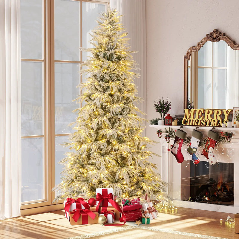 7 Feet Snow-flocked Artificial Christmas Tree Pre-lit Hinged Xmas Tree with Warm White LED Lights by DirectDeals