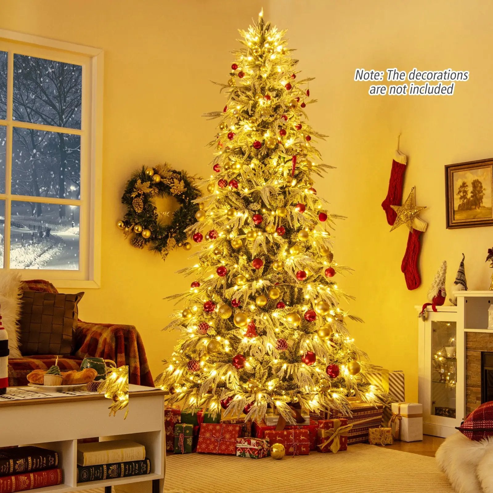 7 Feet Snow-flocked Artificial Christmas Tree Pre-lit Hinged Xmas Tree with Warm White LED Lights by DirectDeals