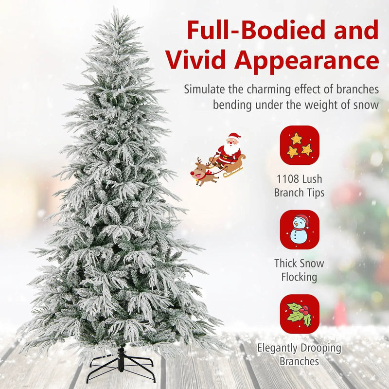 7 Feet Snow-flocked Artificial Christmas Tree Pre-lit Hinged Xmas Tree with Warm White LED Lights by DirectDeals