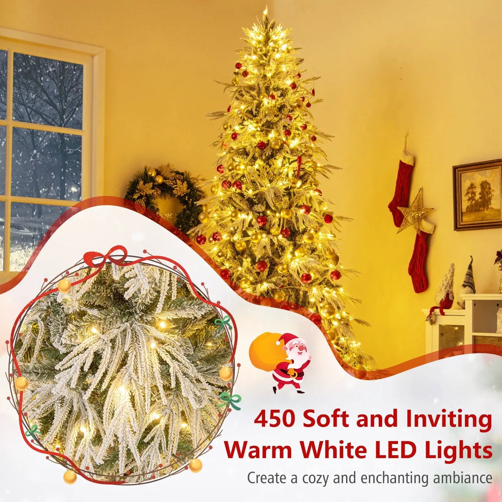 7 Feet Snow-flocked Artificial Christmas Tree Pre-lit Hinged Xmas Tree with Warm White LED Lights by DirectDeals