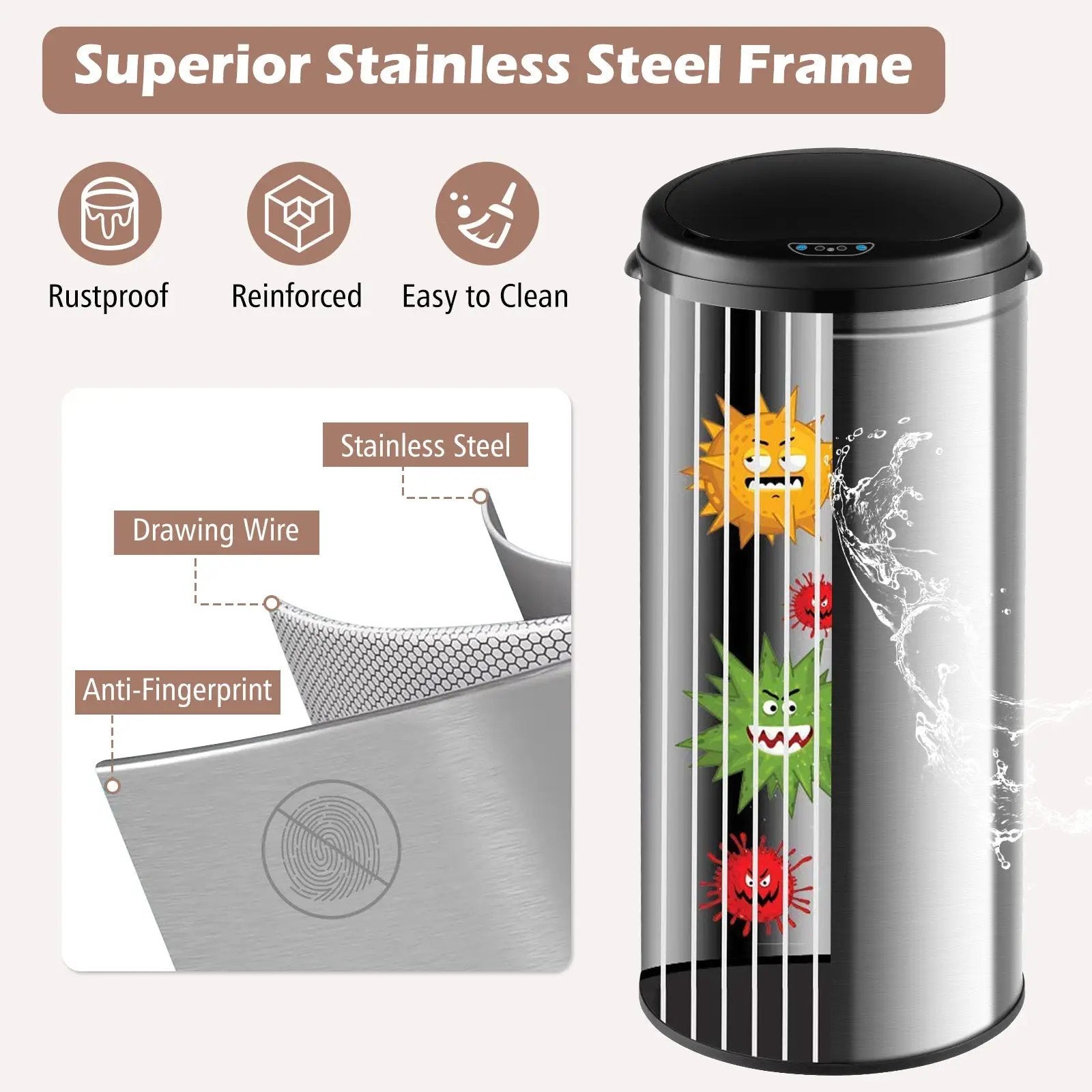 8 Gal Automatic Trash Can with Stainless Steel Frame Touchless Waste Bin-Silver by DirectDeals