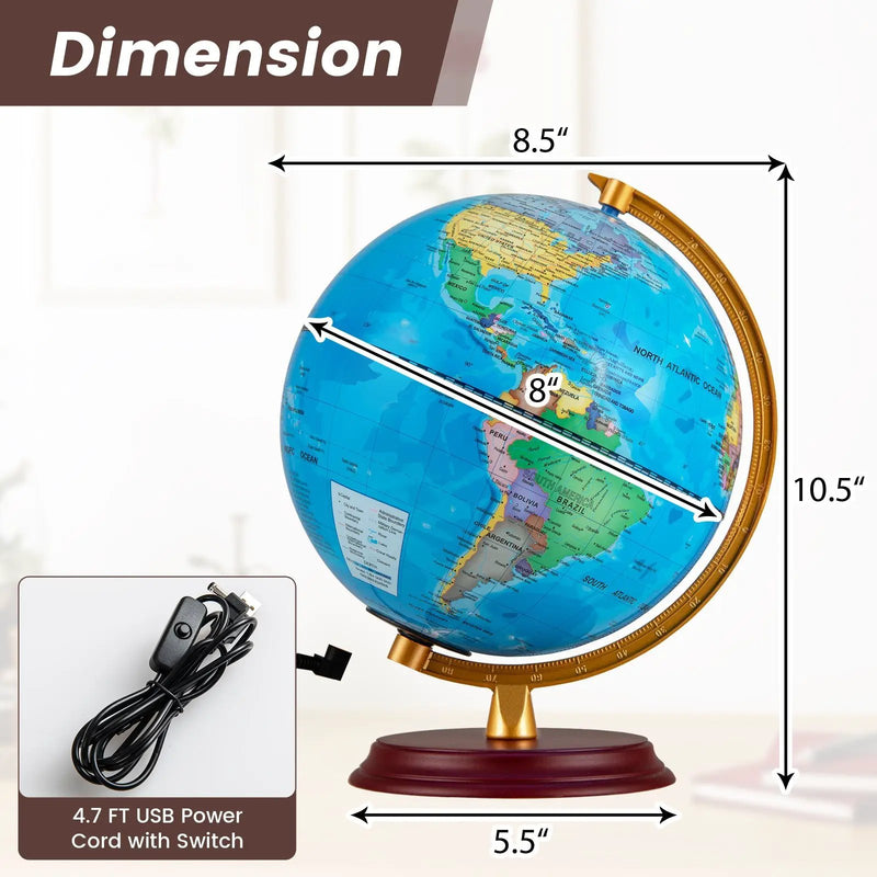 8 Inch Illuminated World Globe Night Light up Globe Lamp with Wooden Stand and HD Map by DirectDeals