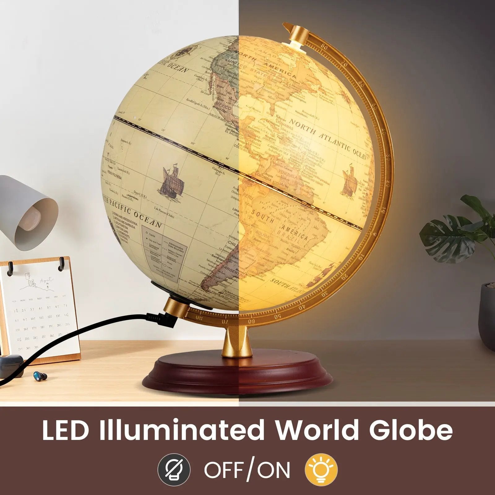 8 Inch Illuminated World Globe Night Light up Globe Lamp with Wooden Stand and HD Map by DirectDeals