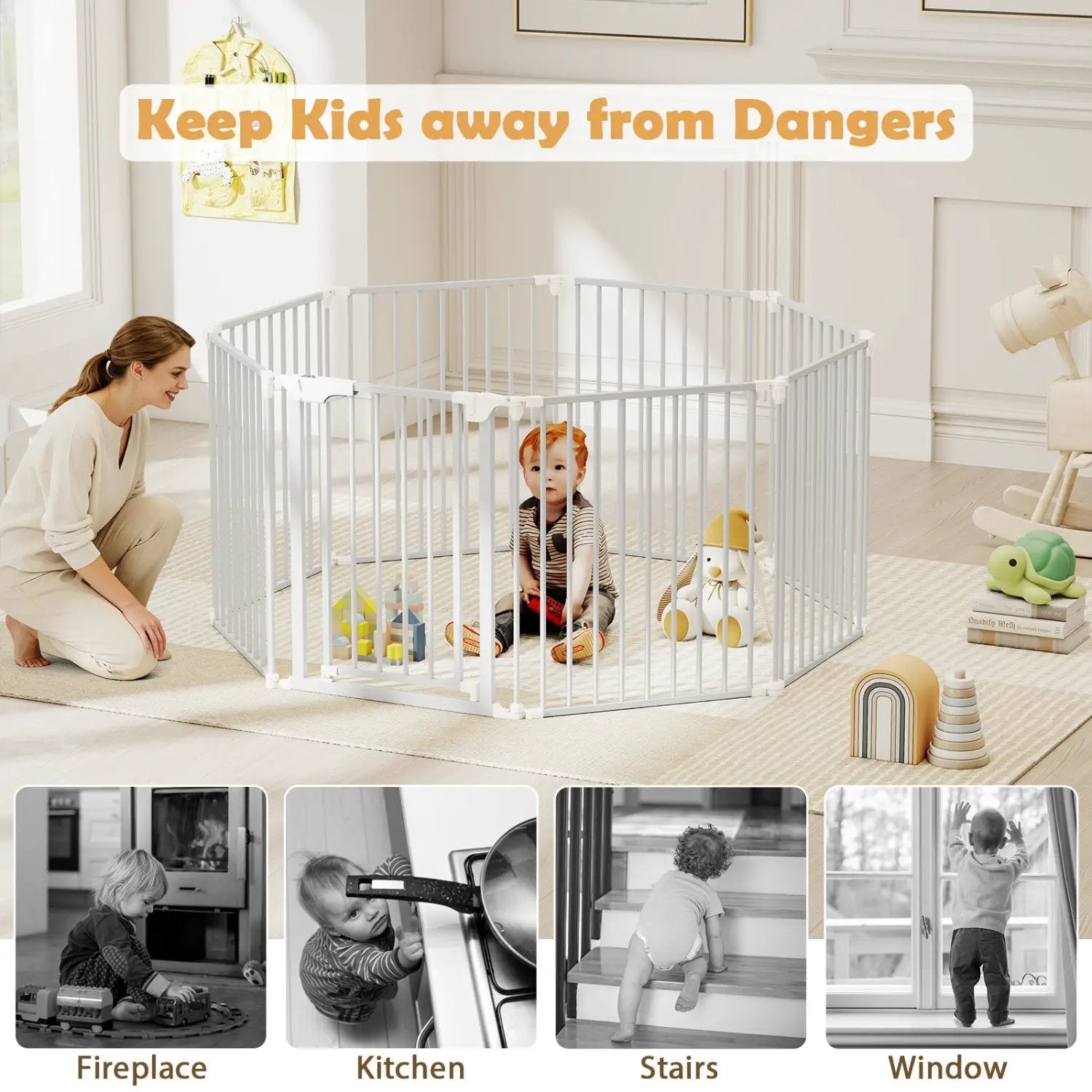 8-Panel Extra Wide Baby Gate Adjustable Pet Safety Fence with Auto-close Door by DirectDeals
