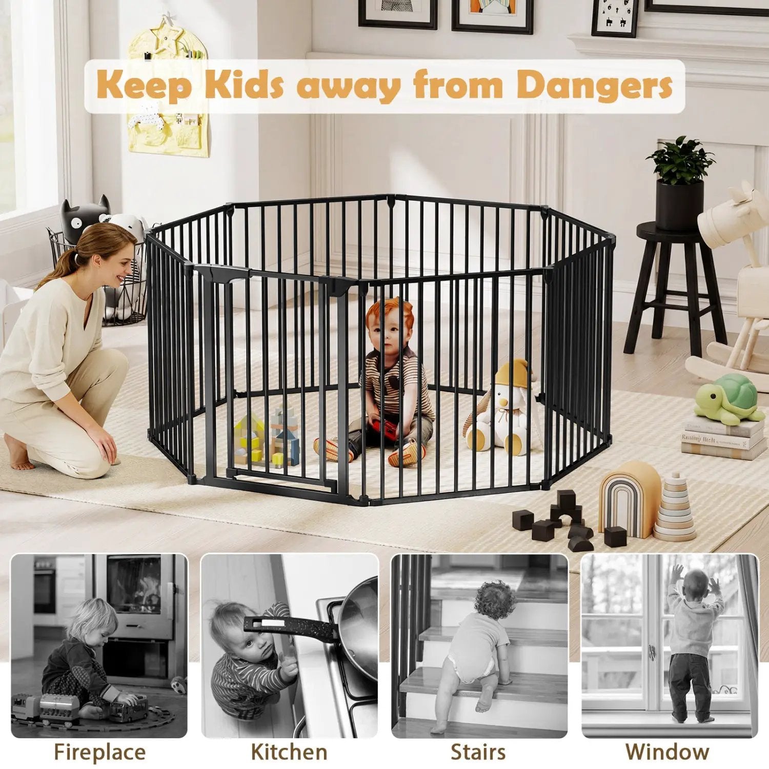 8-Panel Extra Wide Baby Gate Adjustable Pet Safety Fence with Auto-close Door by DirectDeals