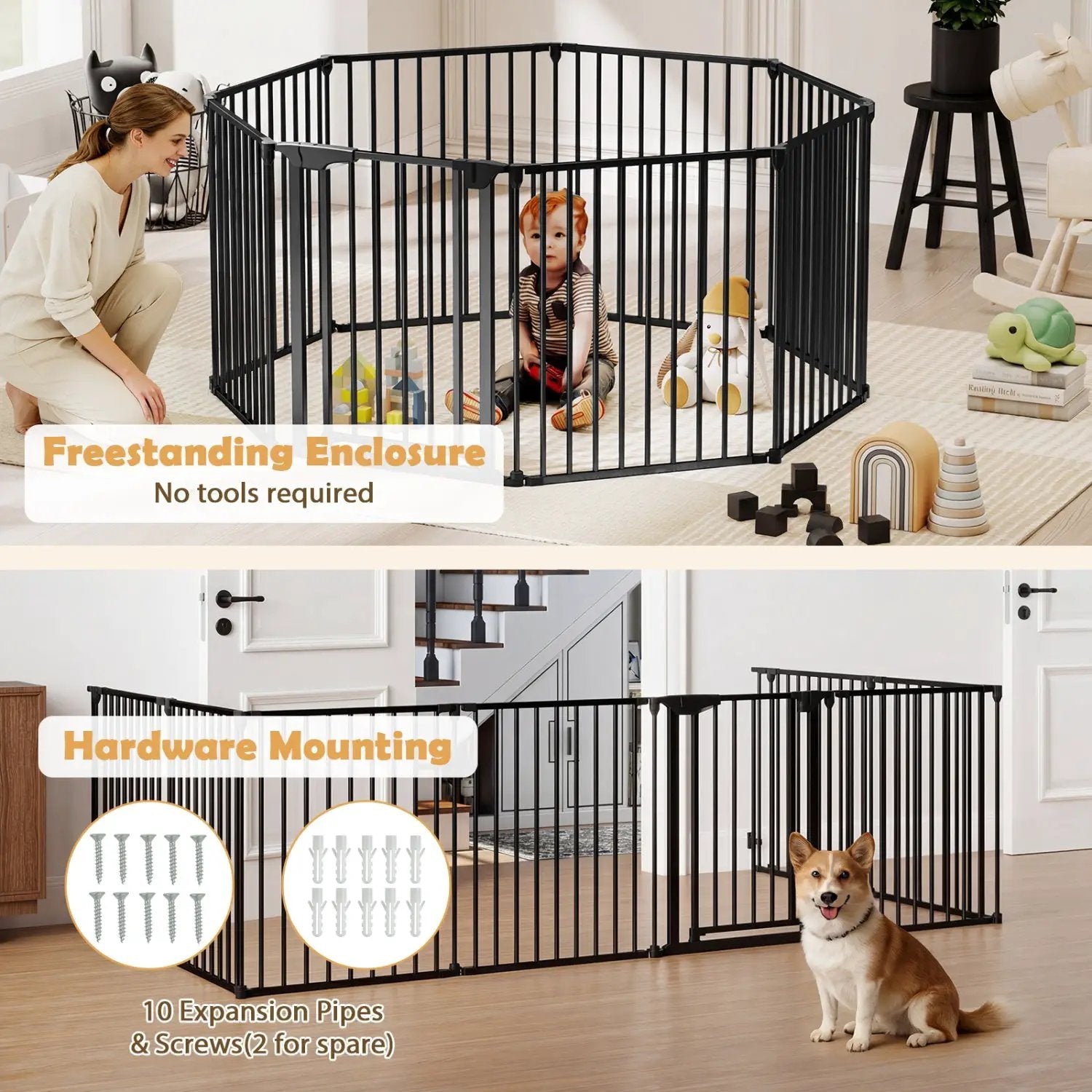 8-Panel Extra Wide Baby Gate Adjustable Pet Safety Fence with Auto-close Door by DirectDeals