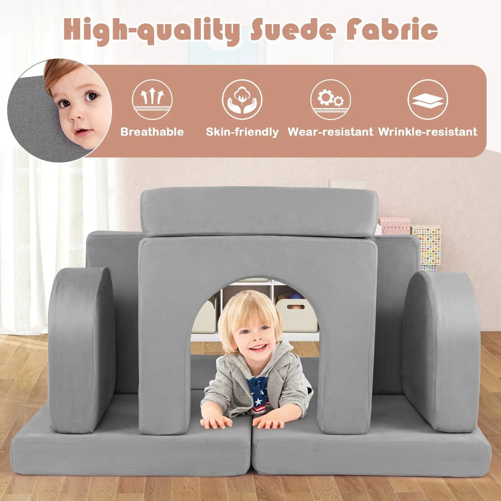 8-Piece Modular Kids Play Couch with Comfy Suede Fabric by DirectDeals