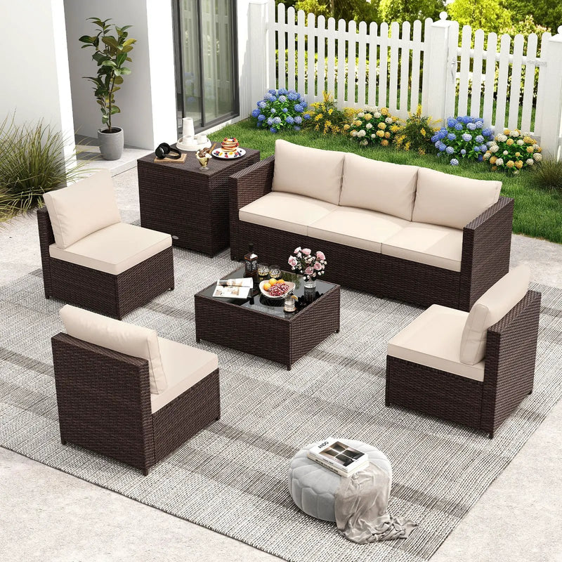 8 Piece Patio Furniture Set with Storage Box and Tempered Glass Coffee Table-Beige by DirectDeals