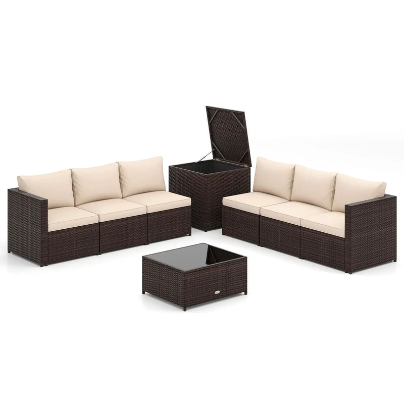 8 Piece Patio Furniture Set with Storage Box and Tempered Glass Coffee Table-Beige by DirectDeals