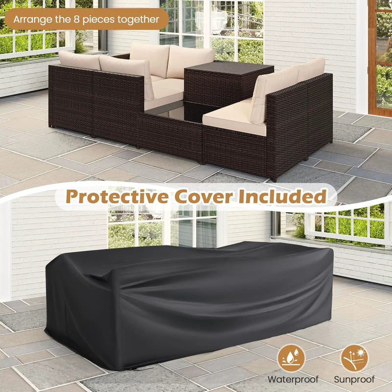 8 Piece Patio Furniture Set with Storage Box and Tempered Glass Coffee Table-Beige by DirectDeals
