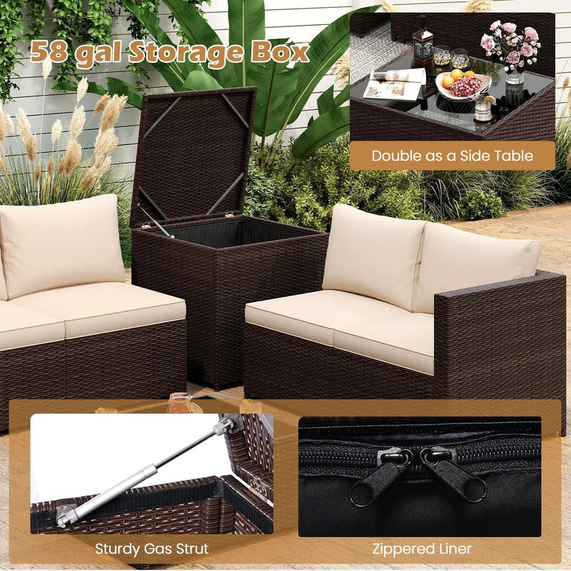 8 Piece Patio Furniture Set with Storage Box and Tempered Glass Coffee Table-Beige by DirectDeals