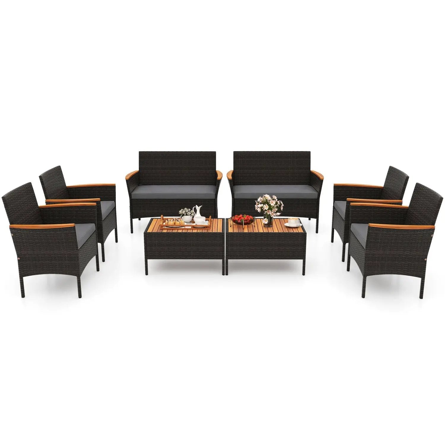 8 Piece Patio Wicker Sofa Set 4 Rattan Chairs and 2 Loveseat with 2 Table by DirectDeals